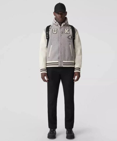 Burberry Leather Sleeve Technical Wool Varsity Jacket