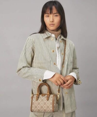 Tory Burch T Monogram Jacquard Mini Barrel, Hazelnut