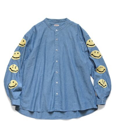 Kapital Men's Smile Embroidery Chambray Band Collar Shirt