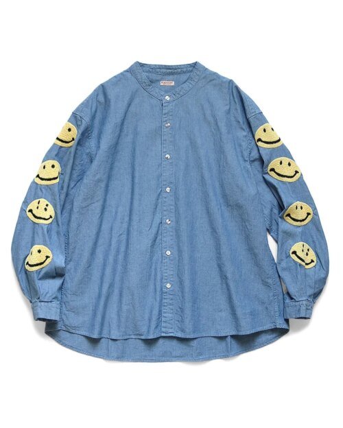 Kapital Men's Smile Embroidery Chambray Band Collar Shirt