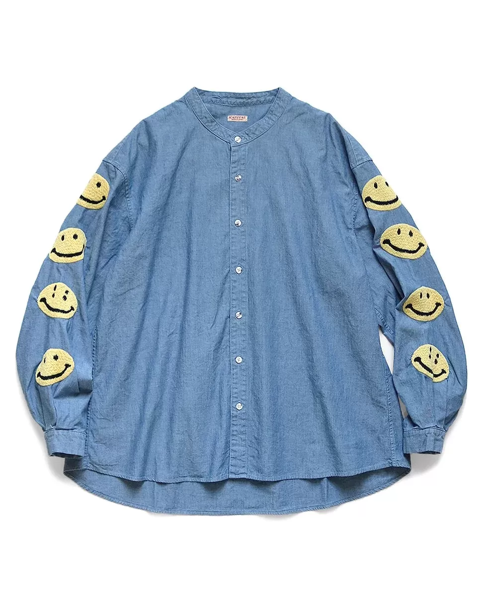 Kapital Men's Smile Embroidery Chambray Band Collar Shirt