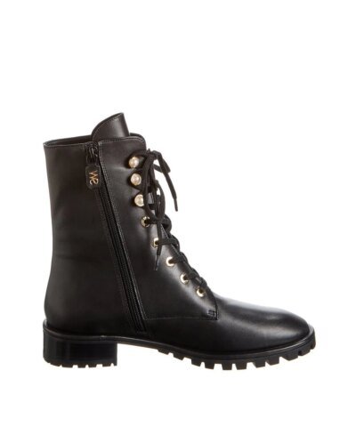Stuart Weitzman Laine Pearl Leather Combat Boot In Black