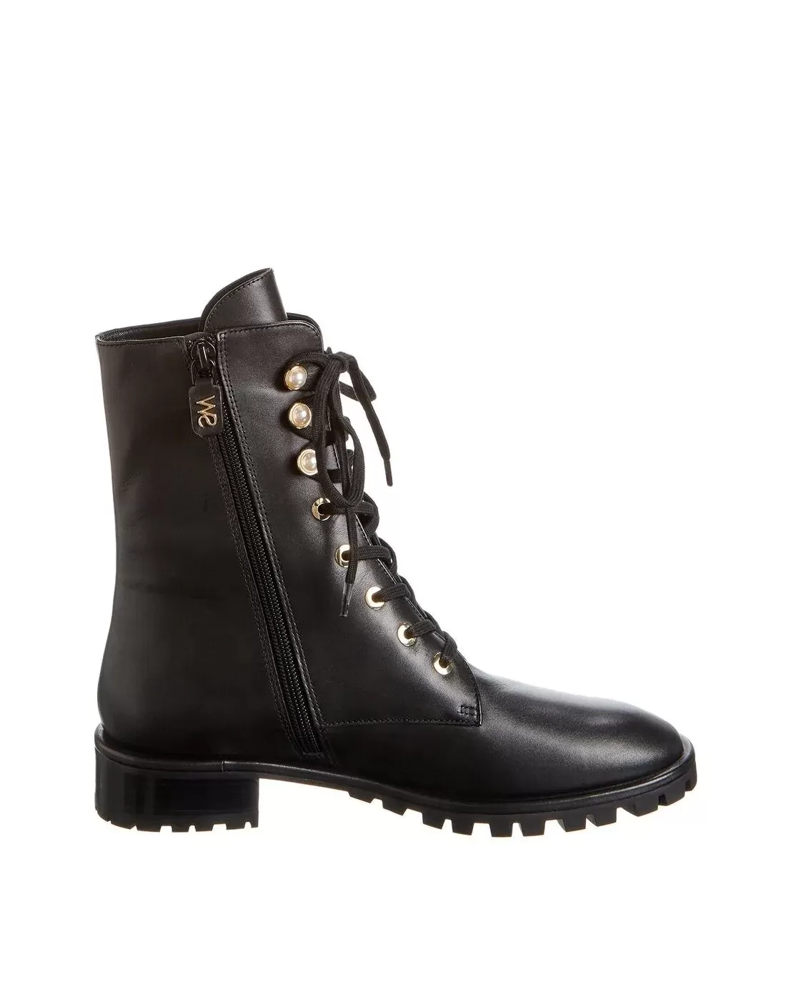 Stuart Weitzman Laine Pearl Leather Combat Boot In Black