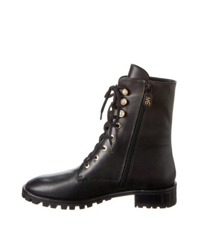 Stuart Weitzman Laine Pearl Leather Combat Boot In Black