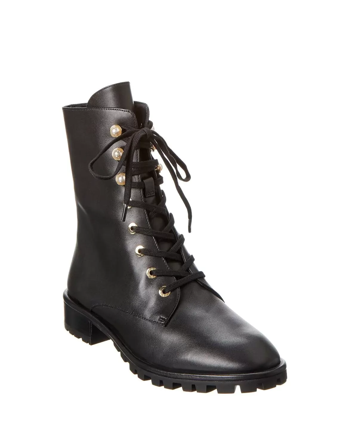 Stuart Weitzman Laine Pearl Leather Combat Boot In Black