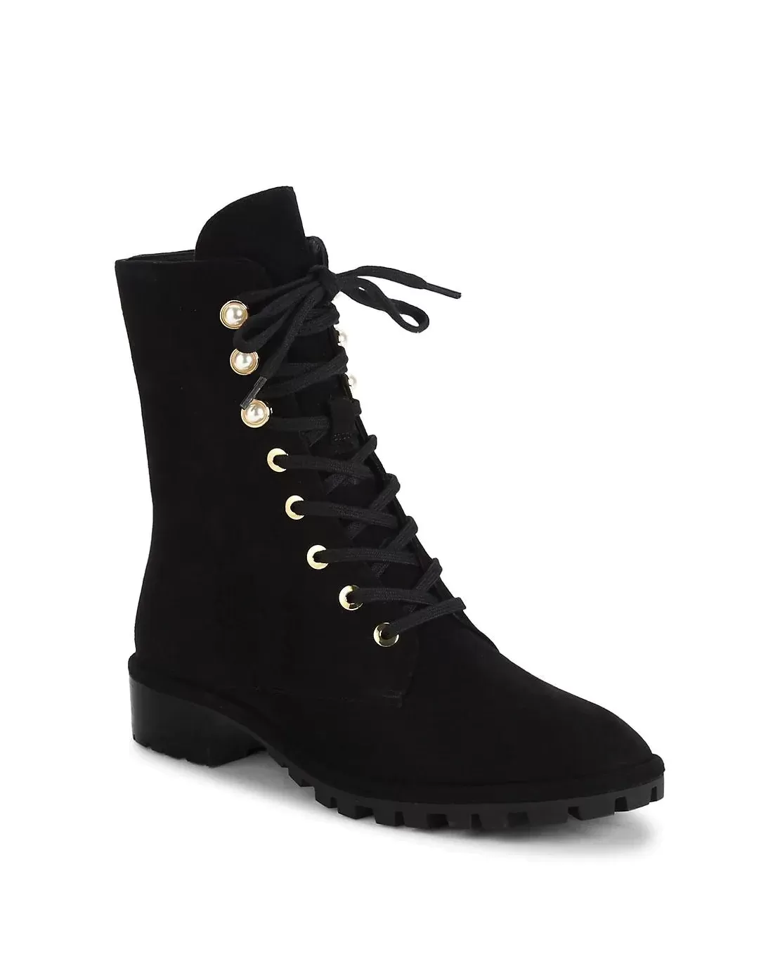 Stuart Weitzman Laine Faux Pearl-Embellished Suede Combat Boots