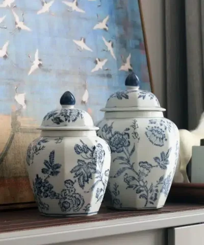 Alternative view of Ming Jar Blue and White Continental Chinoiserie Porcelain Octagonal Vases