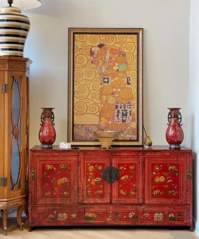 Oriental Antique ”Chinese Red” Painted Peony Motif Sideboard