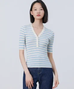 ERDOS Cashmere V-Neck Striped Short-Sleeved Sweater