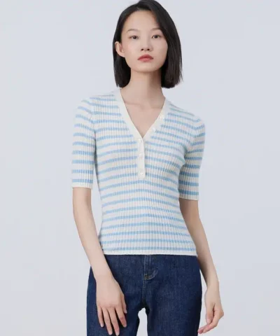 ERDOS Cashmere V-Neck Striped Short-Sleeved Sweater