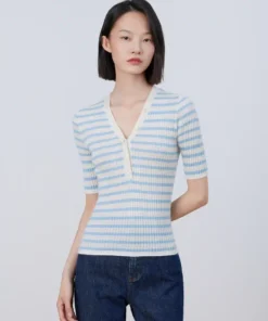 Alternative view of ERDOS Cashmere V-Neck Striped Short-Sleeved Sweater