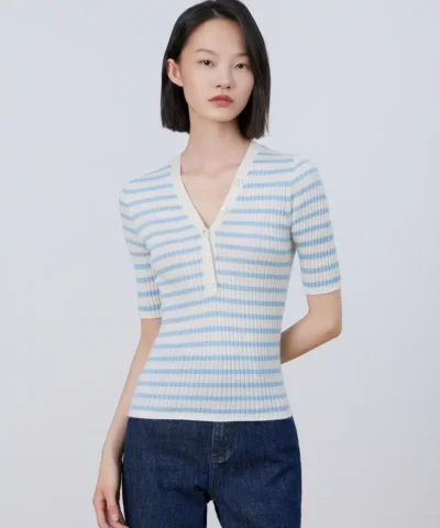 Alternative view of ERDOS Cashmere V-Neck Striped Short-Sleeved Sweater