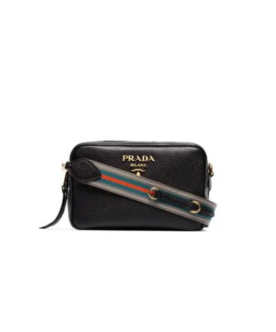 Prada Black Logo Double Strap Leather Camera Bag