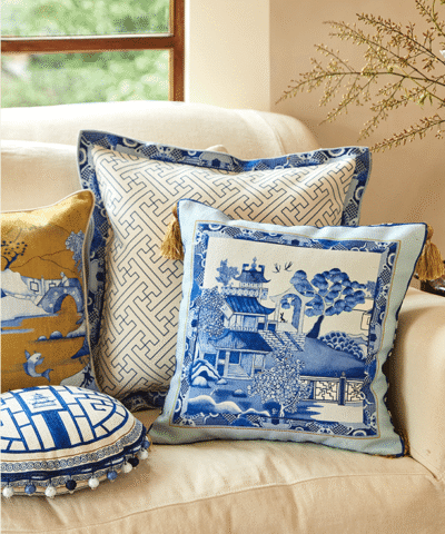 Alternative view of Nanis Blue and White Porcelain " Pavilions" Pattern Pillow 18" x 18"