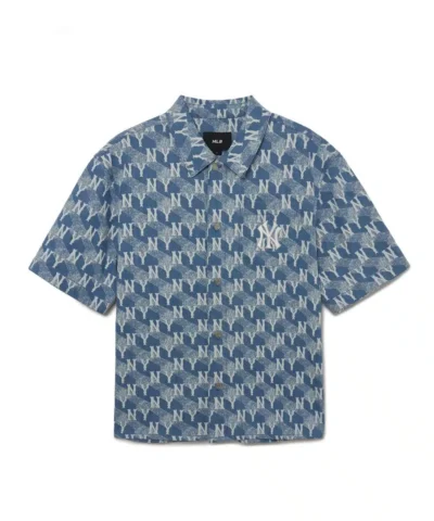 MLB Korea Cube Monogram Print Short Sleeves Denim Shirts New York Yankees