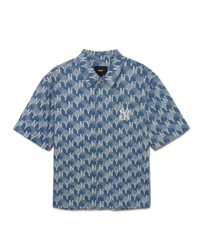 MLB Korea Cube Monogram Print Short Sleeves Denim Shirts New York Yankees