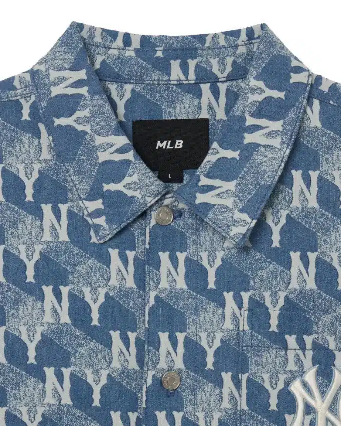 MLB Korea Cube Monogram Print Short Sleeves Denim Shirts New York Yankees - Image 3