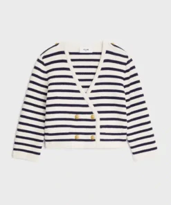 Celine Cropped Mariniere Cardigan In Wool Cream / Black