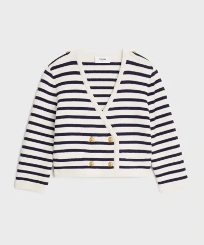 Celine Cropped Mariniere Cardigan In Wool Cream / Black