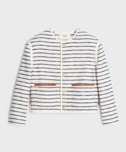 Celine Cardigan Jacket With Leather Details In Striped Cotton