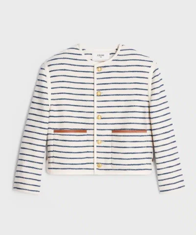 Celine Cardigan Jacket With Leather Details In Striped Cotton