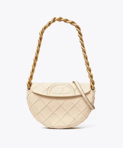 Tory Burch Mini Fleming Soft Crescent Bag In New Cream