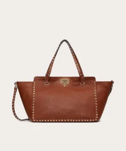Valentino Garavani Medium Grainy Calfskin Rockstud Bag In Saddle Brown