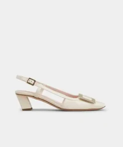 Roger Vivier Belle Vivier Metal Buckle Slingback Pumps in Off White Patent Leather