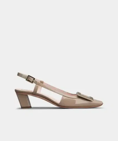 Roger Vivier Belle Vivier Metal Buckle Slingback Pumps in Beige Patent Leather