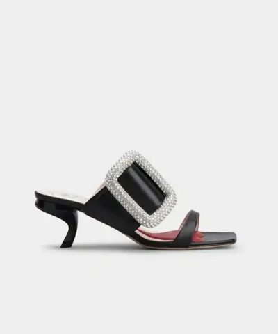 Roger Vivier Viv' Choc Side Strass Buckle Mules in Black Leather
