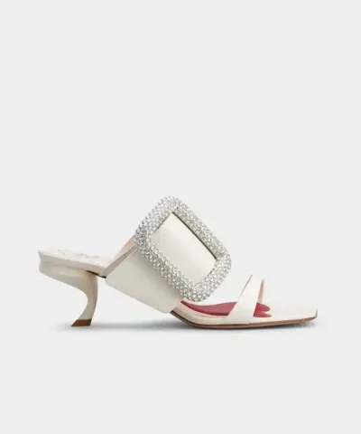 Roger Vivier Viv' Choc Side Strass Buckle Mules in Off White Leather