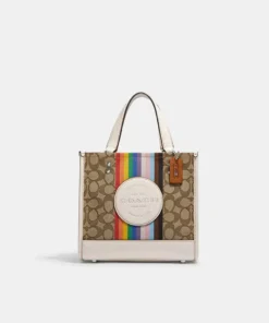 Coach Dempsey Tote 22 In Signature Jacquard With Rainbow Stripe And Coach Patch