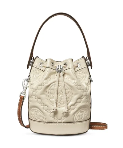 Tory Burch T Monogram Mini Embroidered Patent Leather Bucket Bag