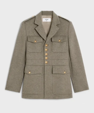 Celine Saharienne Jacket In Diagonal Cashmere Beige Gris