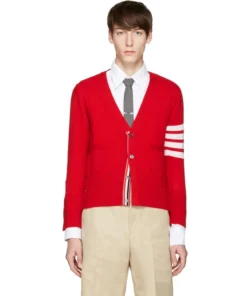 Thom Browne V-Neck 4-Bar Short Cashmere Cardigan In Red