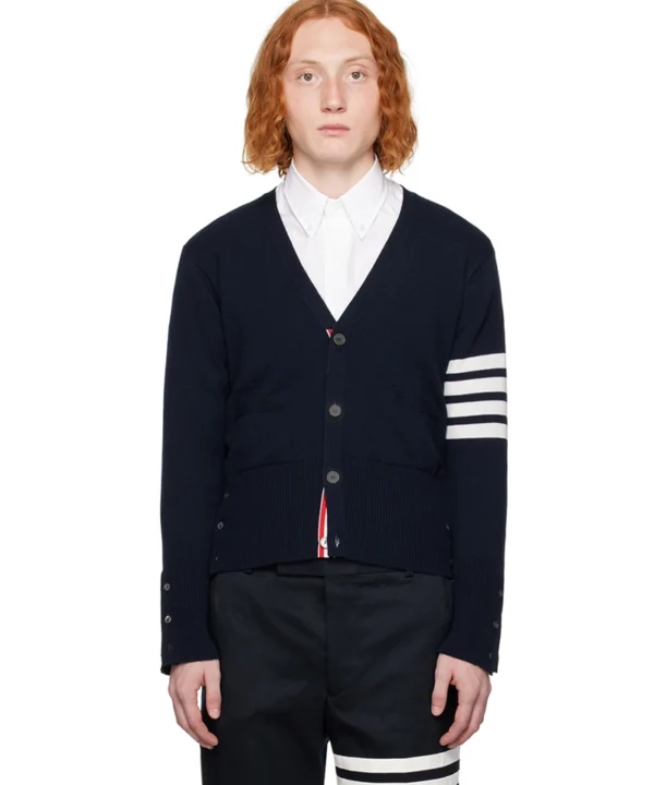 Thom Browne V-Neck 4-Bar Short Cashmere Cardigan In Navy