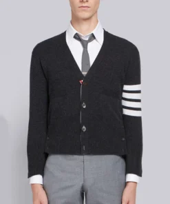 Alternative view of Thom Browne V-Neck 4-Bar Short Cashmere Cardigan In Dark Grey
