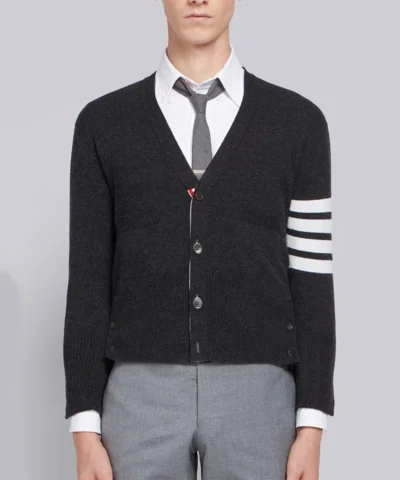 Alternative view of Thom Browne V-Neck 4-Bar Short Cashmere Cardigan In Dark Grey