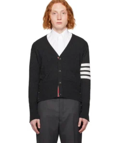 Thom Browne V-Neck 4-Bar Short Cashmere Cardigan In Dark Grey