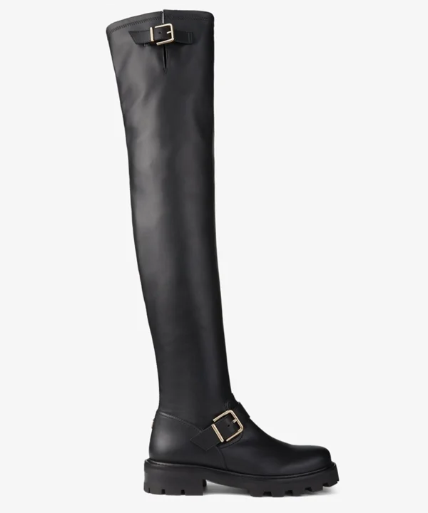 Jimmy Choo Black Stretch Bonded Fabric Biker II Over The Knee-High Boots