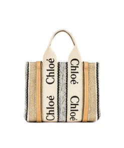 Chloe Woody Small Striped Linen Tote Bag